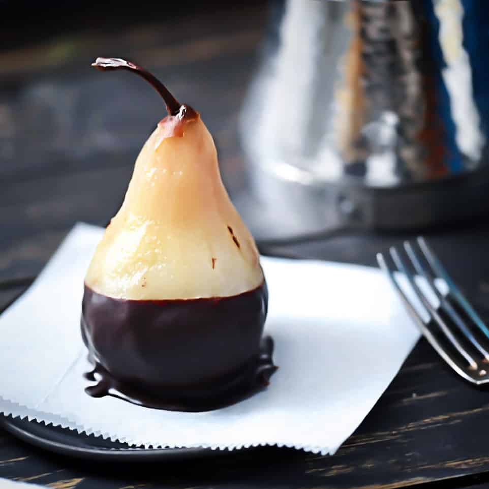 Elegant Brandy Poached Pears With Hazelnut Filling