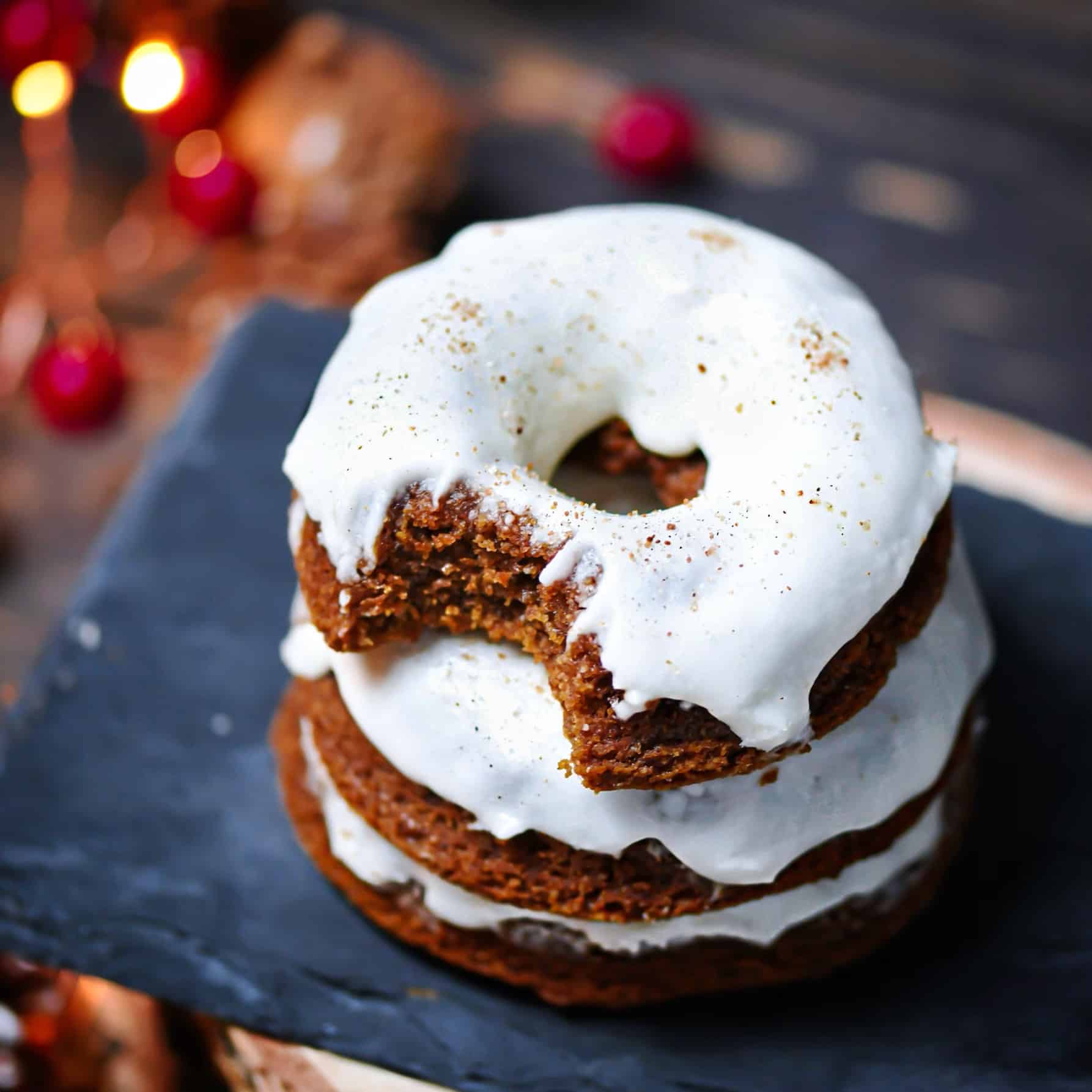 Stack of Grain-free, vegan molasses cake donuts