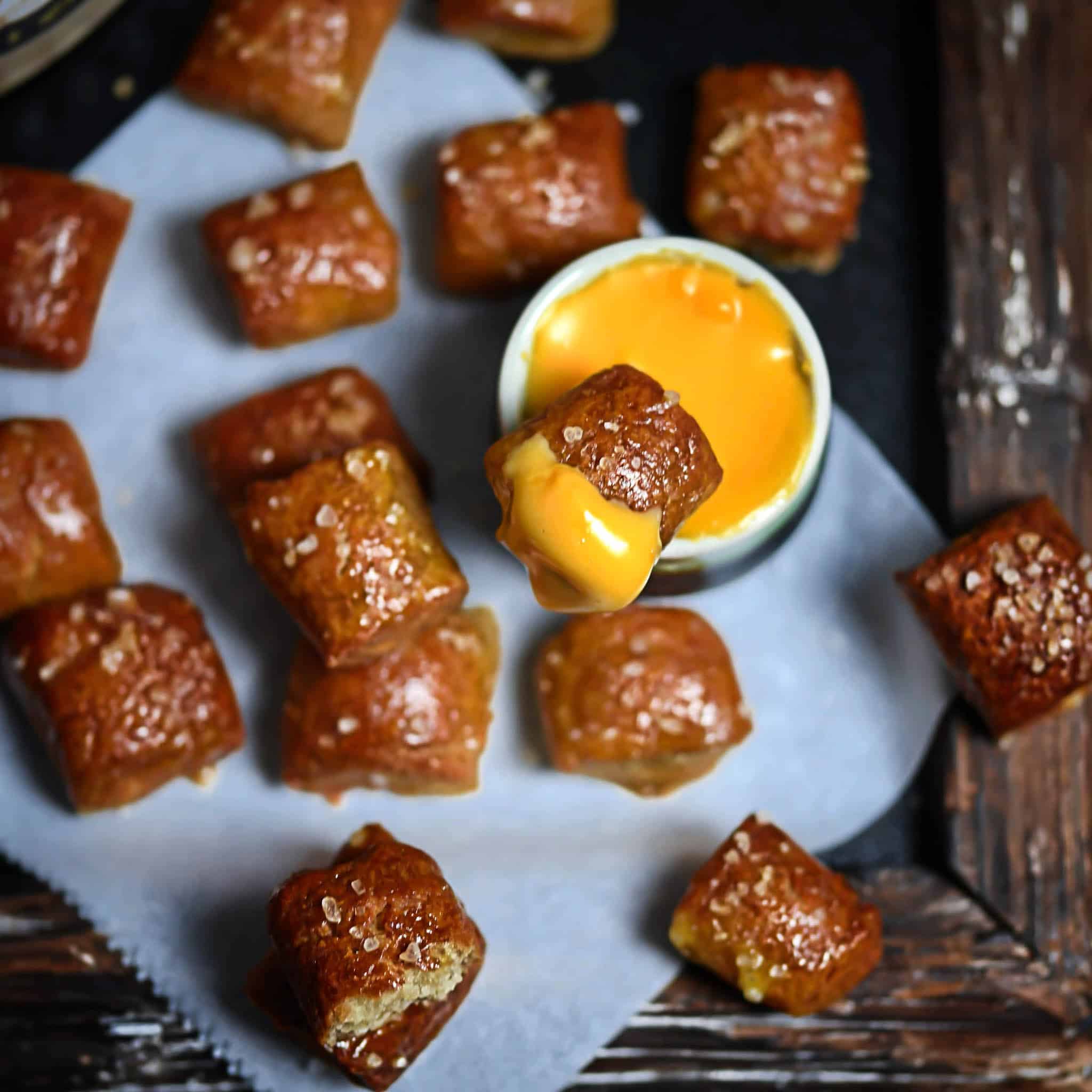 Overhead photo grain-free soft pretzel bites