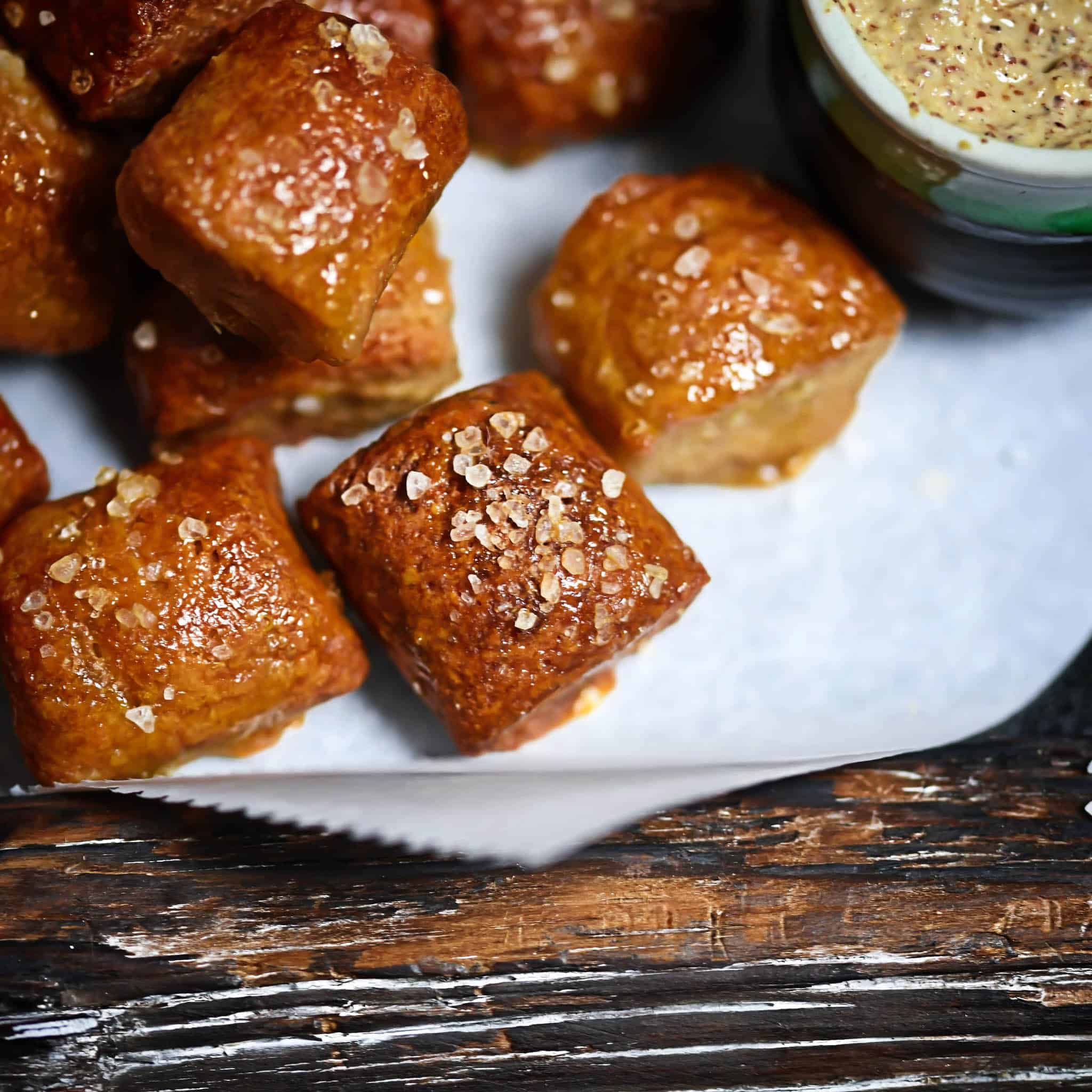 Grainless homemade soft pretzels with mustard